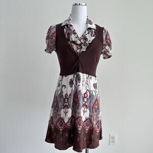 Vintage Y2K Bebe Babydoll Mini Dress Medium Paisley Silk Vest Grunge Fairy Indie